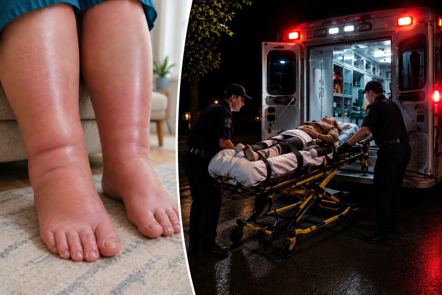 Severely swollen legs and ankles, beside paramedics loading a woman into an ambulance